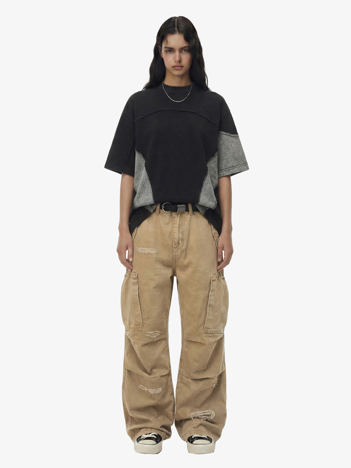 Cotton Hole Patch Pleated Multi-Pocket Cargo Casual Pants 
