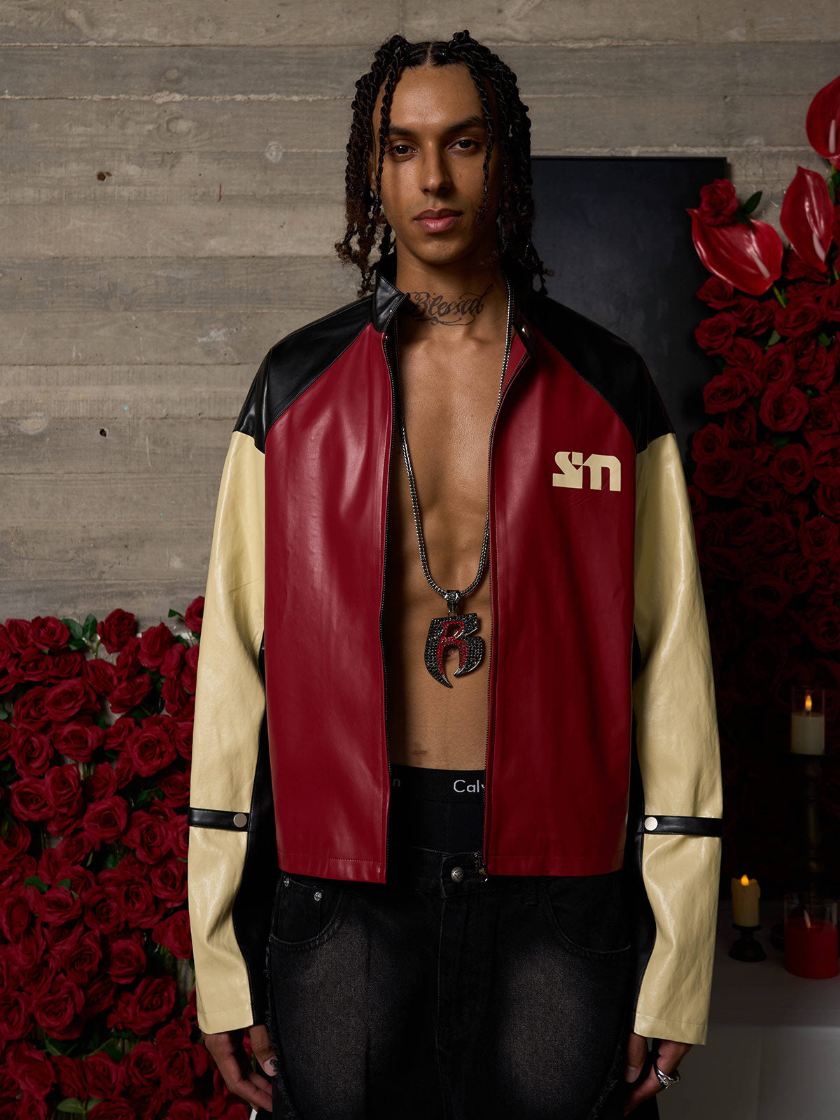 Original Contrast Color Leather Jacket 