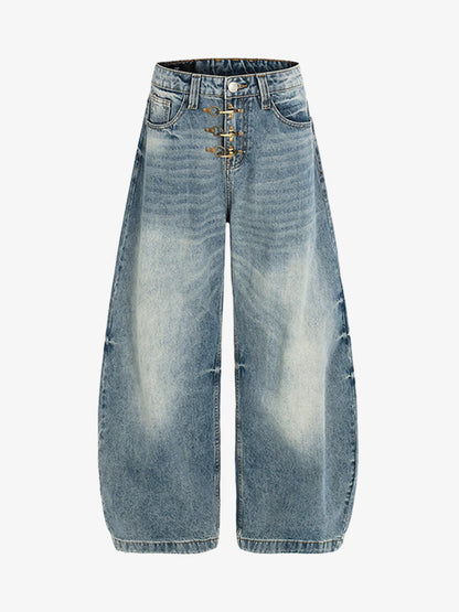 Washed Metal Hook Front Design Barrel Jeans
