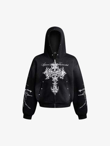 Street Wasteland Washed Cross Print Zip Up Hoodie - 2561 