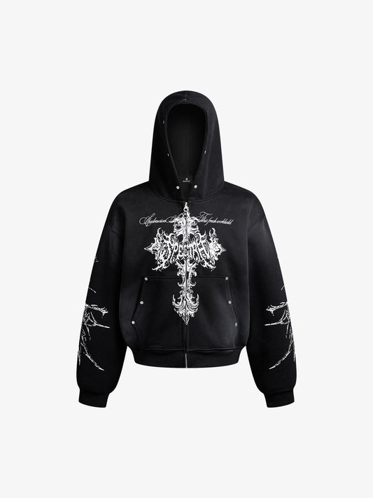 Street Wasteland Washed Cross Print Hooded Sweatshirt 