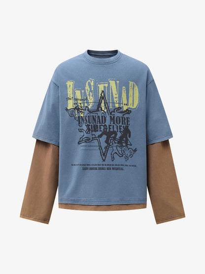 Street Color Matching Faux Two-piece Printed T-shirt 