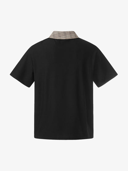 チェック柄襟、非対称ボタンのTシャツ