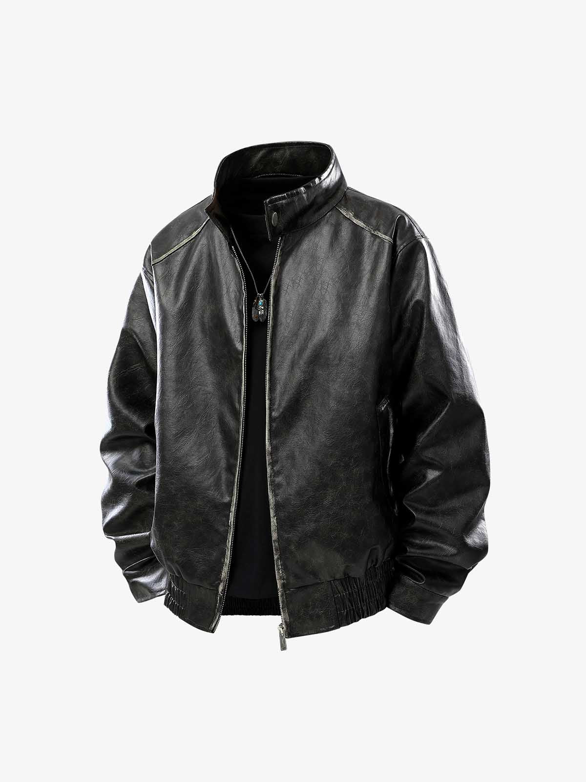 Retro Leather Stand-Collar Elastic Hem Jacket 