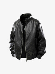 Retro Leather Stand-Collar Elastic Hem Jacket 