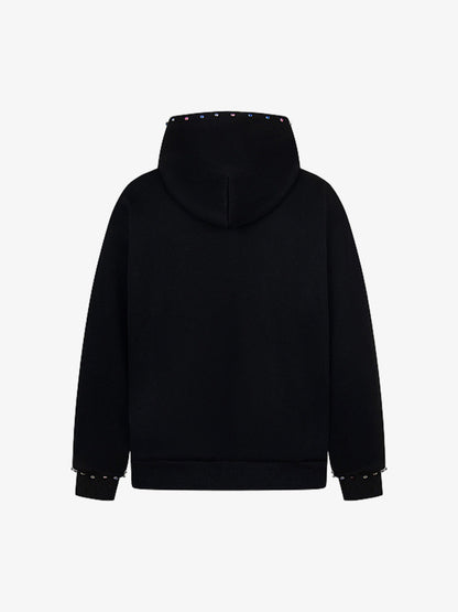 Retro Diamond Beaded Letter Zip Hooded Sweatshirt 