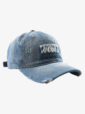 Distressed Denim Baseball Cap with Vintage 1920s Patch - Perfect for Casual and Sporty Looks 