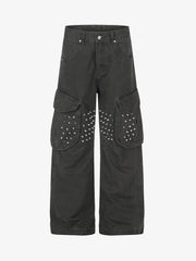 Studded Multi-Pocket Wide-Leg Cargo Pants