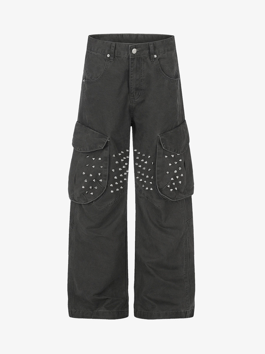 Studded Multi-Pocket Wide-Leg Cargo Pants