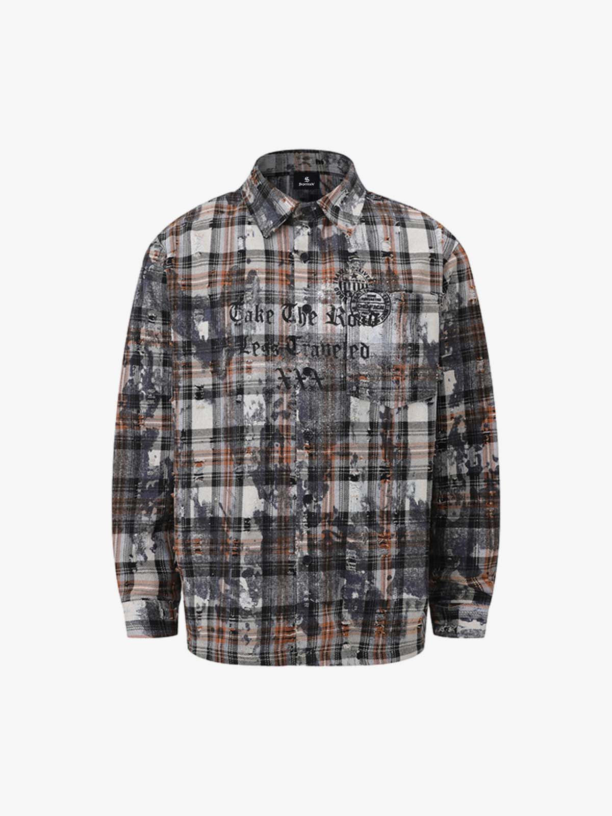Distressed Mottled Plaid Gothic Seal Graphic Long Sleeve Shirt 