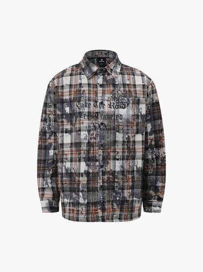 Distressed Mottled Plaid Gothic Seal Graphic Long Sleeve Shirt 