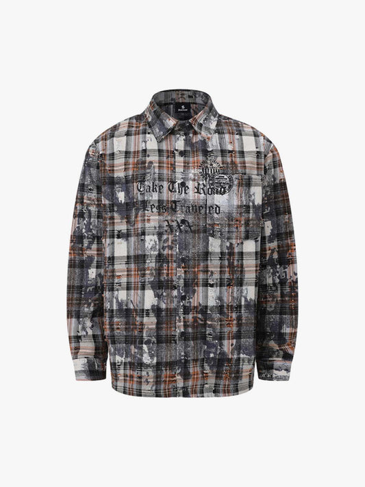Distressed Mottled Plaid Gothic Seal Graphic Long Sleeve Shirt 