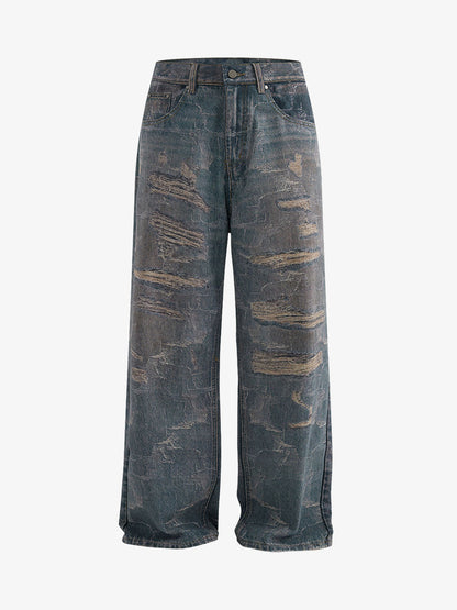 Washed Ripple 3D Print Loose Wide-Leg Jeans 