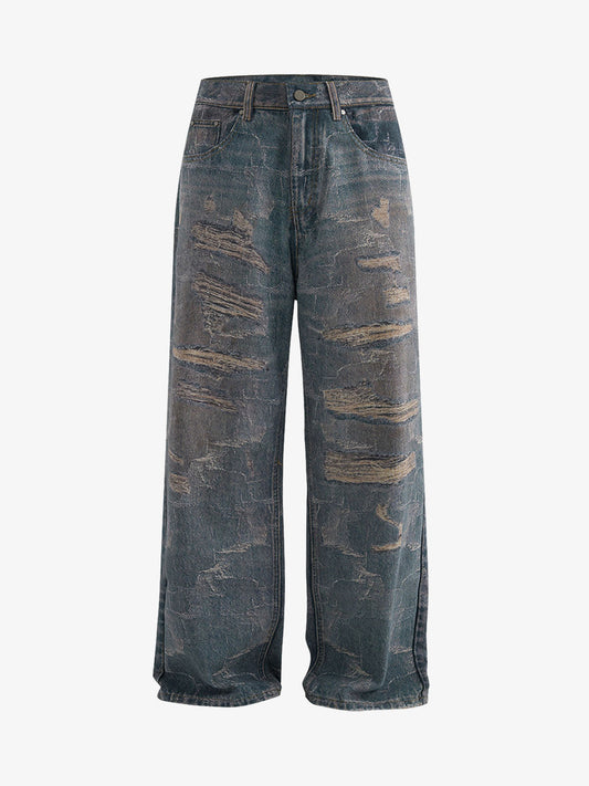 Washed Ripple 3D Print Loose Wide-Leg Jeans 