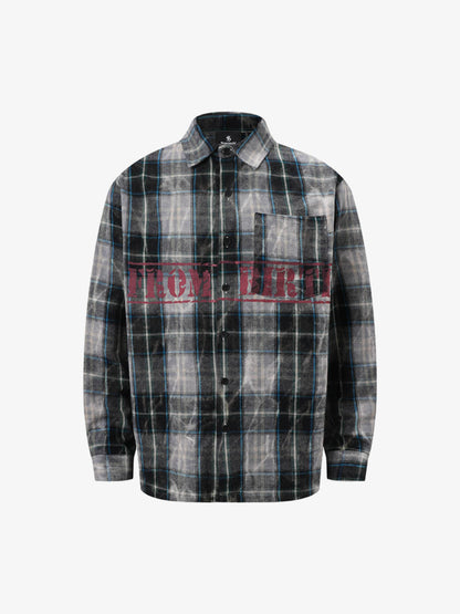Street Washed Distressed Plaid Letter Print Long-Sleeve Shirt 