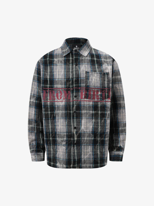 Street Washed Distressed Plaid Letter Print Long-Sleeve Shirt 