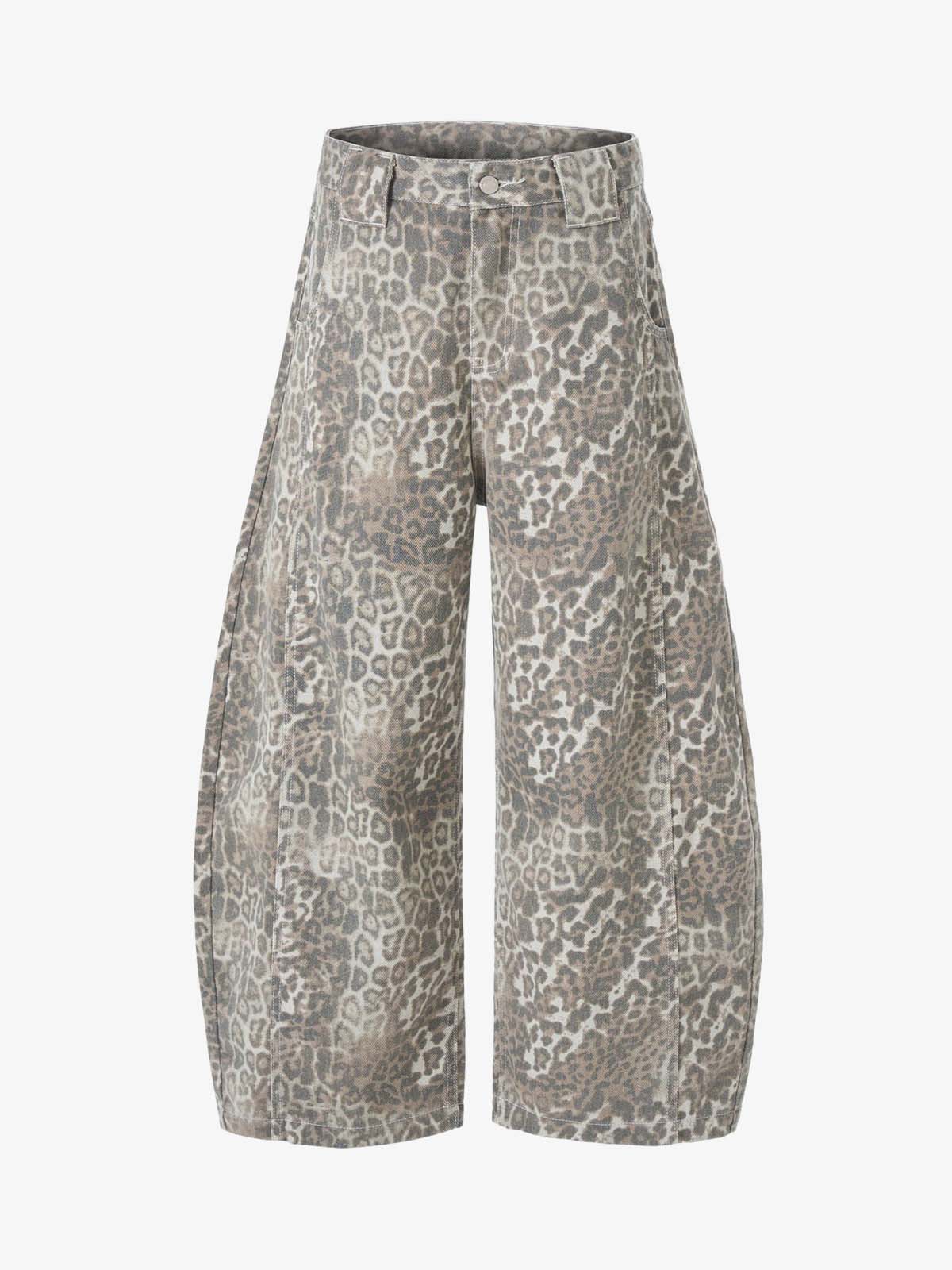 Street Leopard Camouflage Pleated Barrel Jeans 