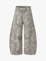 Street Leopard Camouflage Pleated Barrel Jeans 