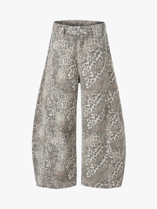 Street Leopard Camouflage Pleated Barrel Jeans 