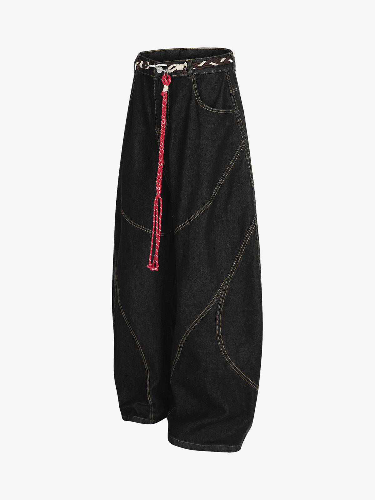 Denim Retro Belt Detail With Patchwork Barrel Jeans - 2490 