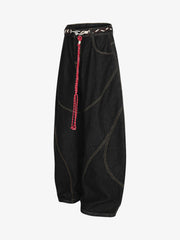 Denim Retro Belt Detail With Patchwork Barrel Jeans - 2490 