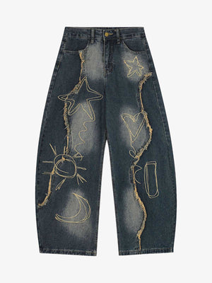 Vintage Embroidered Washed Raw-Edge Graffiti Scimitar Jeans 