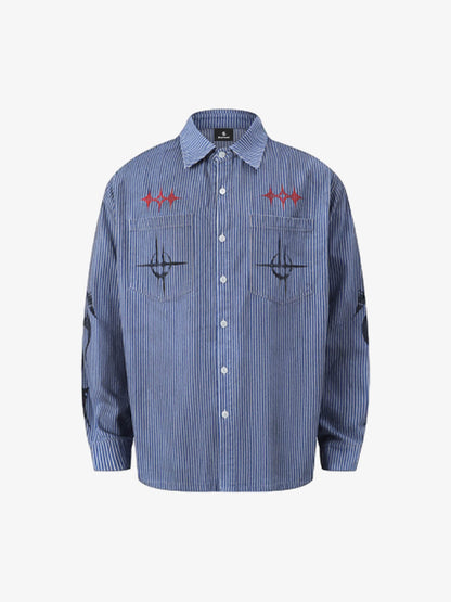 Streetwear Red Star Striped Long Sleeve Shirt 