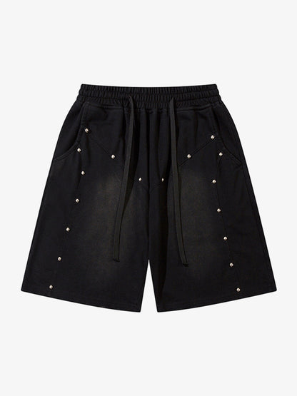 Industrial Grunge Style Acid Wash Studded Shorts