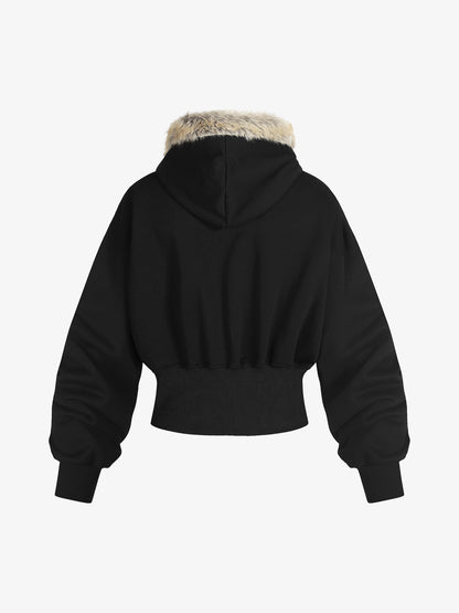 Diamend Letter Fur Collar High Waist Hooded Jacket 
