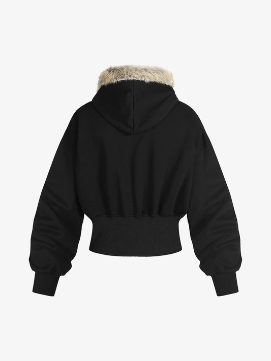 Diamend Letter Fur Collar High Waist Hooded Jacket 