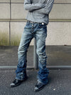 Vintage Distressed Button Fly Ruched Panel Flared Jeans 
