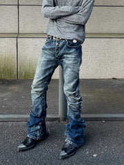 Vintage Distressed Button Fly Ruched Panel Flared Jeans 