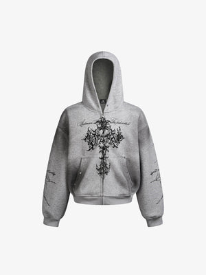 Street Wasteland Washed Cross Print Hooded Sweatshirt 