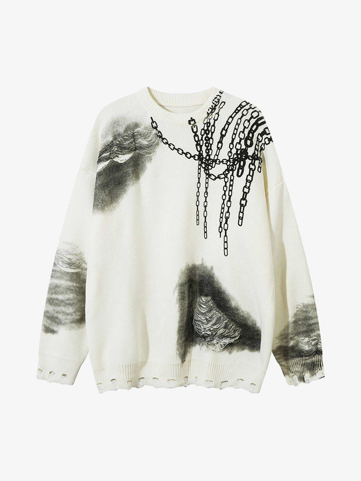 Chain Jacquard Spray-Painted Hole Round Neck Sweater 