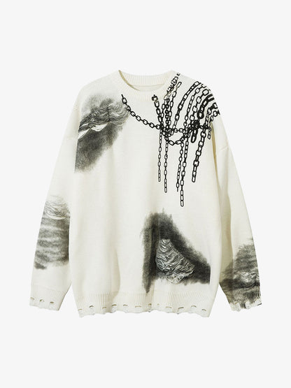 Chain Jacquard Spray-Painted Hole Round Neck Sweater 