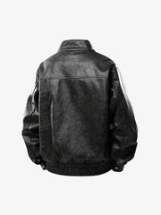 Retro Leather Stand-Collar Elastic Hem Jacket 