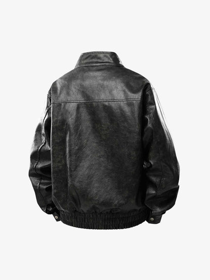 Retro Leather Stand-Collar Elastic Hem Jacket 