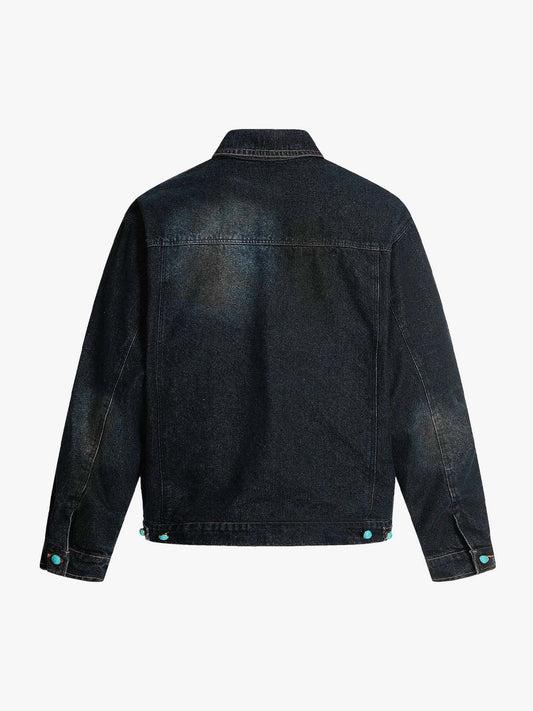 Retro Street Turquoise Button Distressed Denim Jacket 
