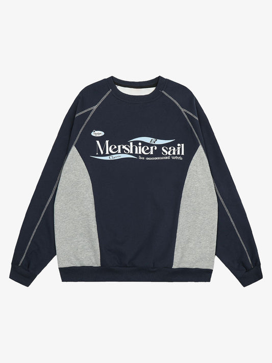 Vintage Campus Stitching Contrast Color Sweatshirt 