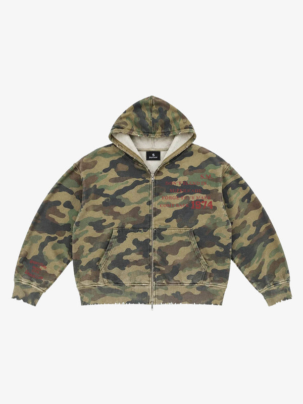 Camo Letter Graphic Distressed Zip-Up Hoodie