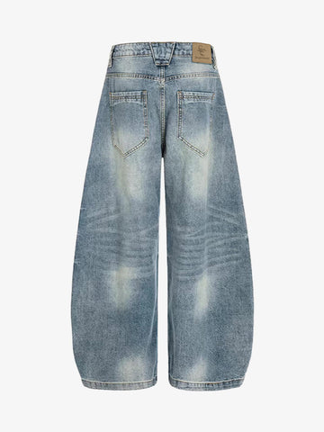 Washed Metal Hook Front Design Barrel Jeans
