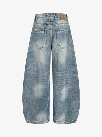 Washed Metal Hook Front Design Barrel Jeans
