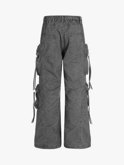 Multi-Pocket Workwear Casual Flared Wide-Leg Pants 