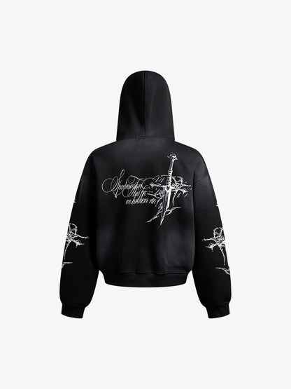 Street Wasteland Washed Cross Print Hooded Sweatshirt 