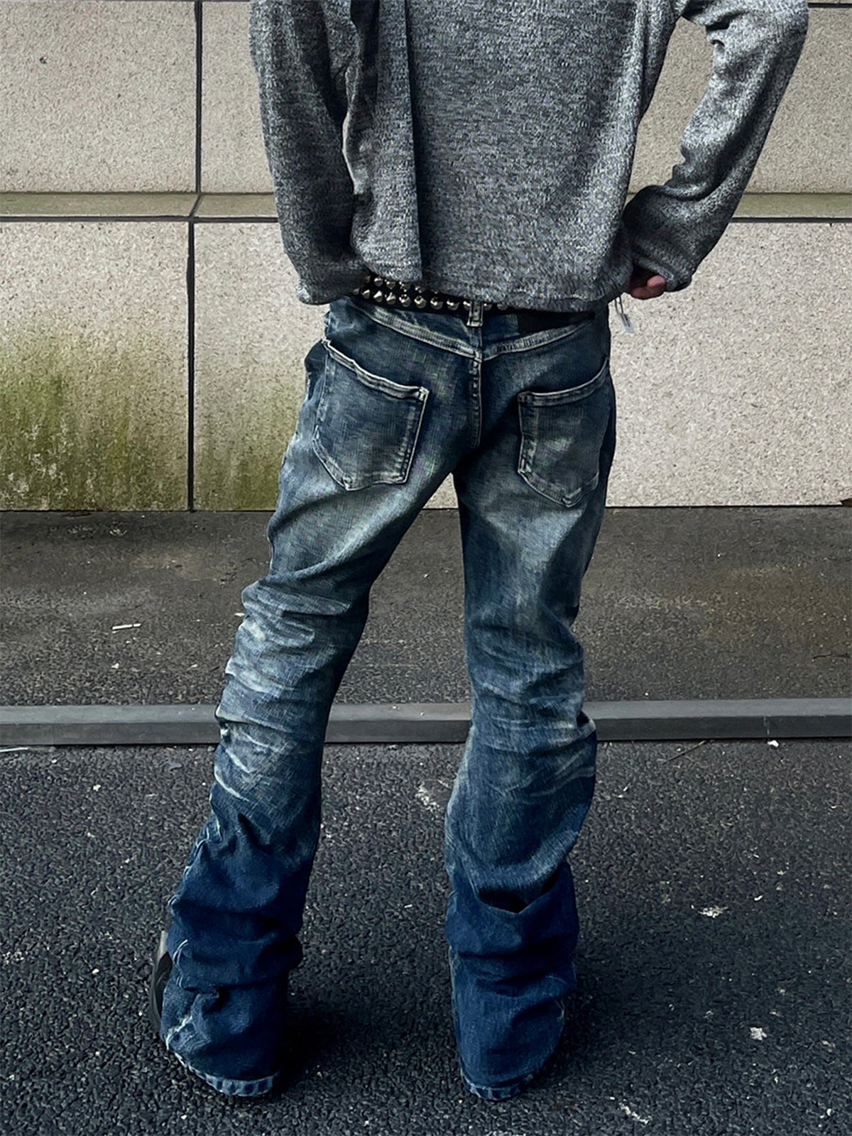 Vintage Distressed Button Fly Ruched Panel Flared Jeans 