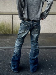 Vintage Distressed Button Fly Ruched Panel Flared Jeans 