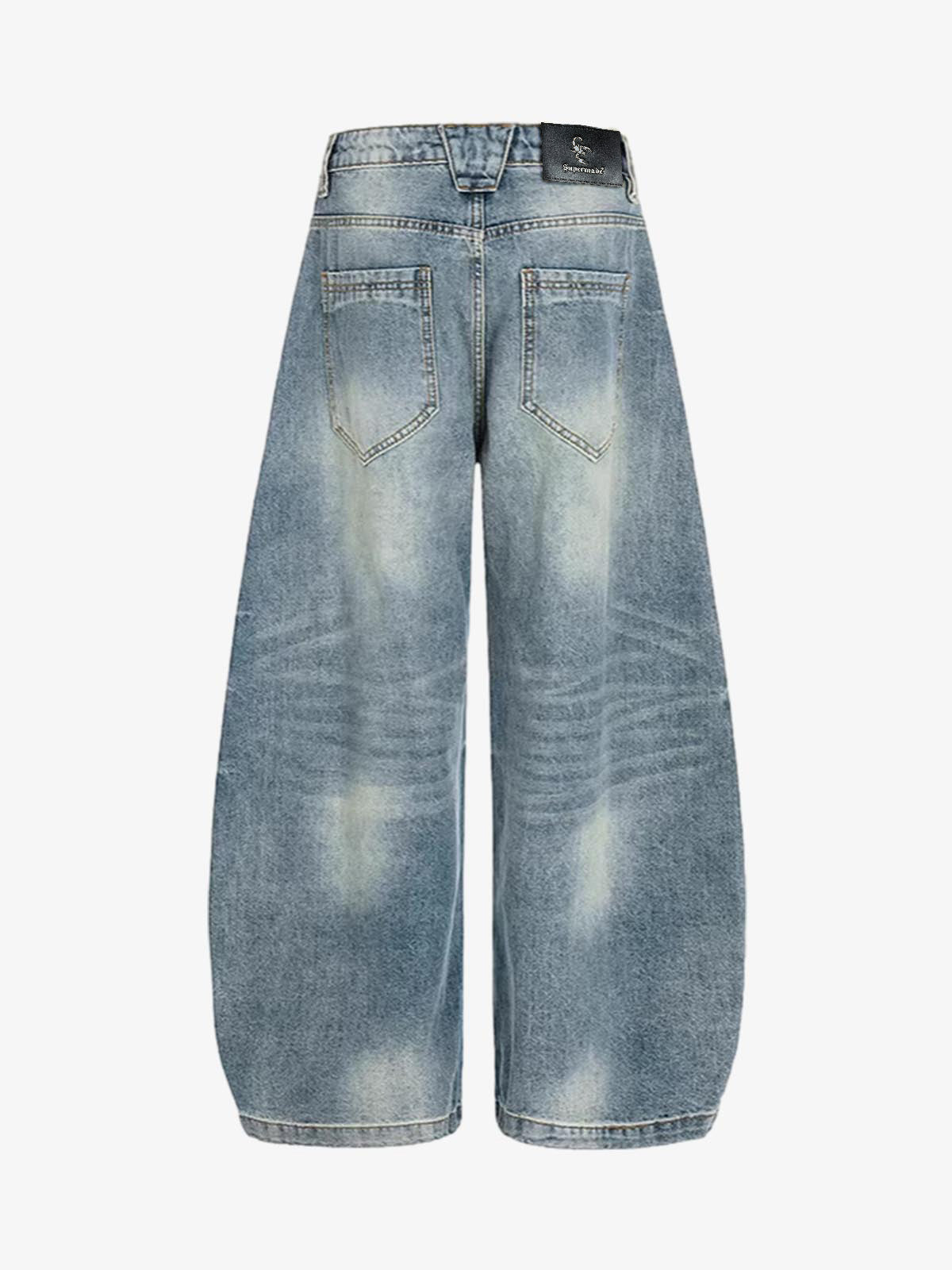 Washed Metal Hook Front Design Barrel Jeans