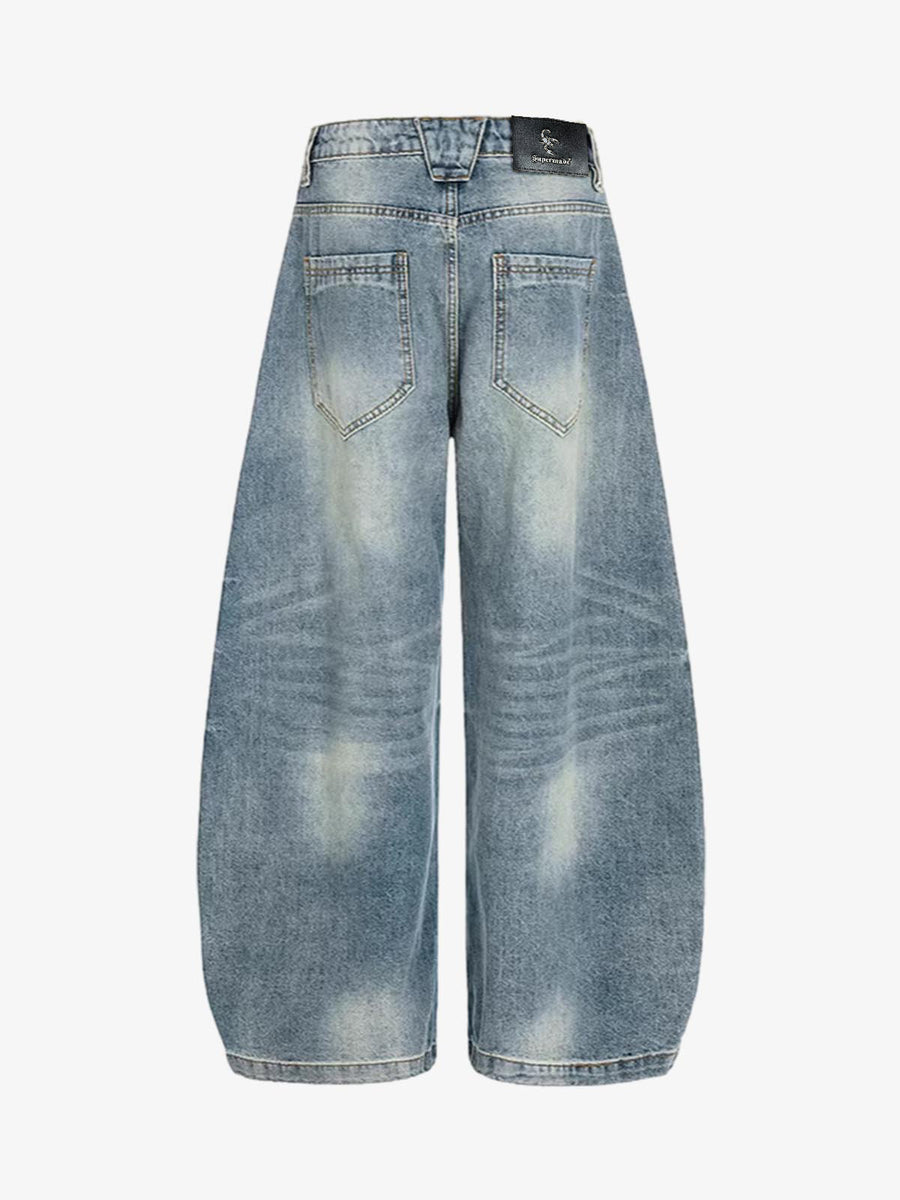 Washed Metal Hook Front Design Barrel Jeans