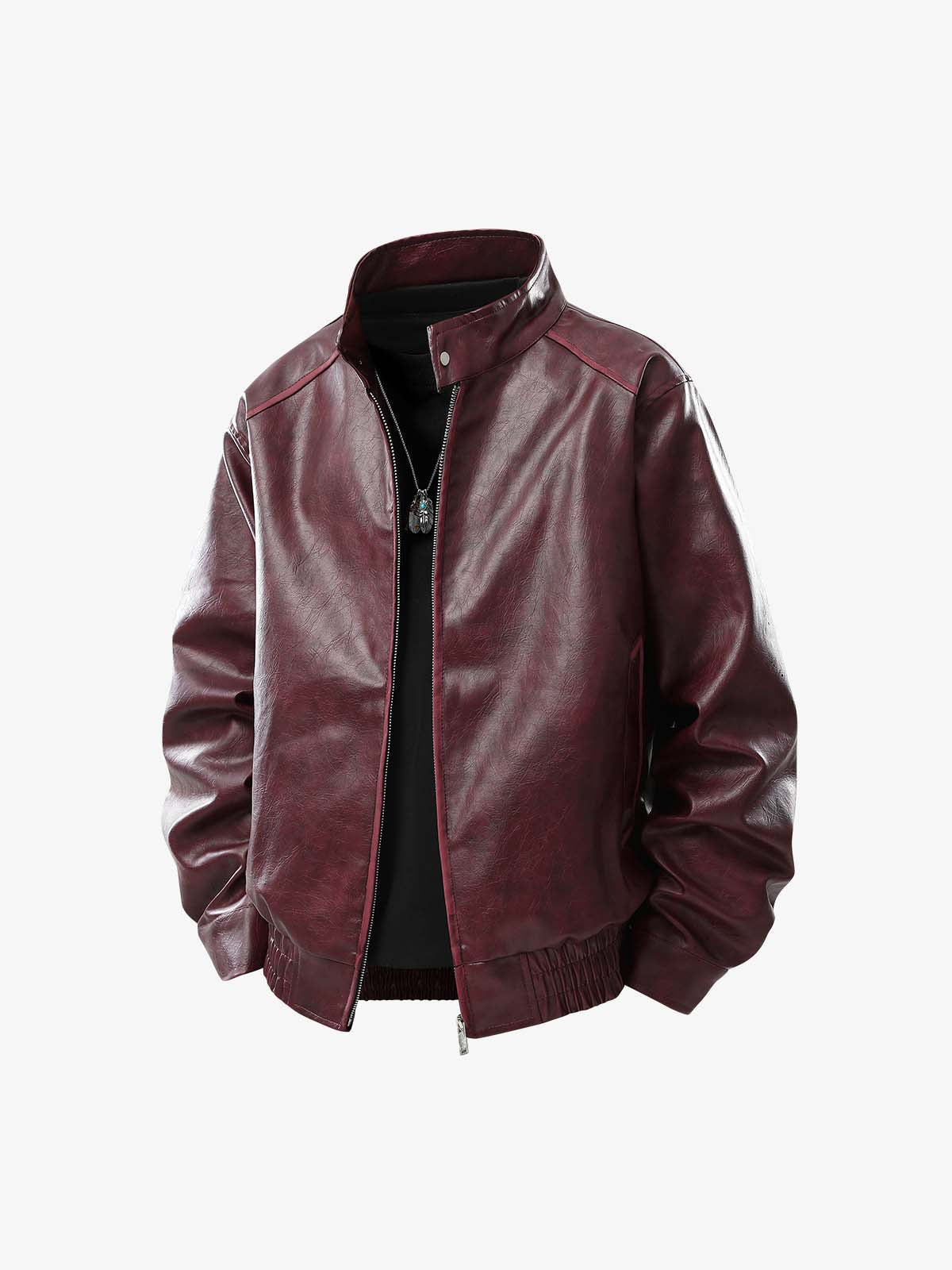 Retro Leather Stand-Collar Elastic Hem Jacket 
