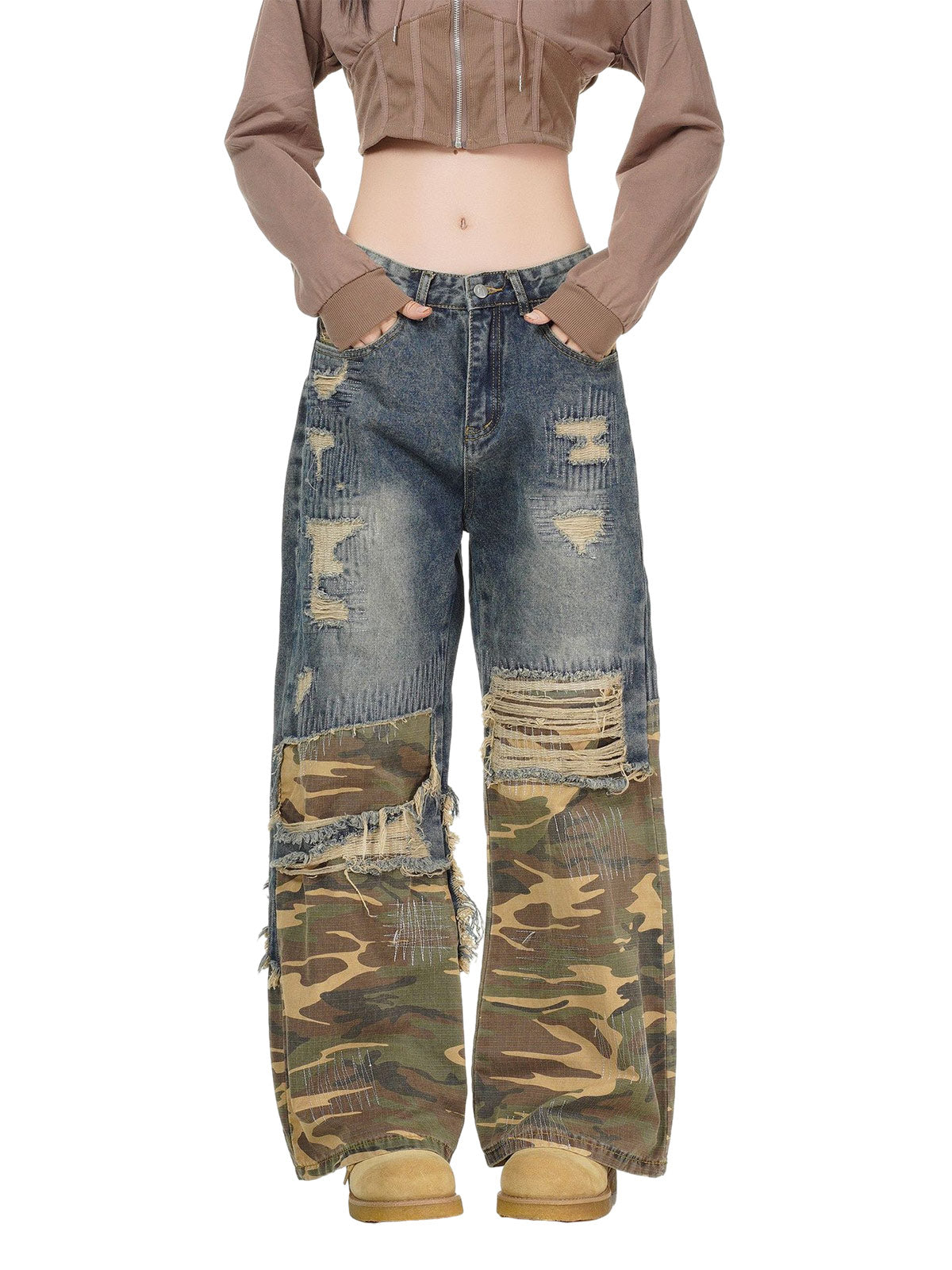 Distressed Camouflage Patchwork Jeans 